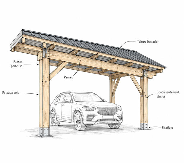 Schéma d’un carport en bois avec toiture en bac acier et éléments de structure