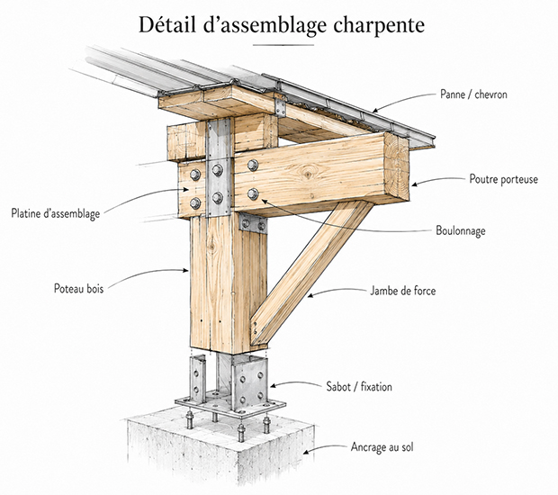 Détail d’assemblage d’une charpente de carport en bois avec platine et ancrage au sol