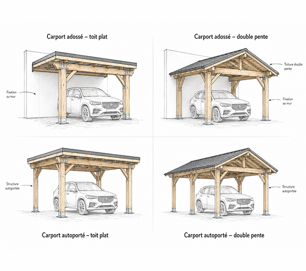 Comparatif de carports en bois adossés et autoportés à toit plat ou double pente