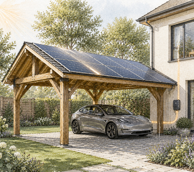 Carport en bois avec panneaux solaires protégeant une voiture électrique
