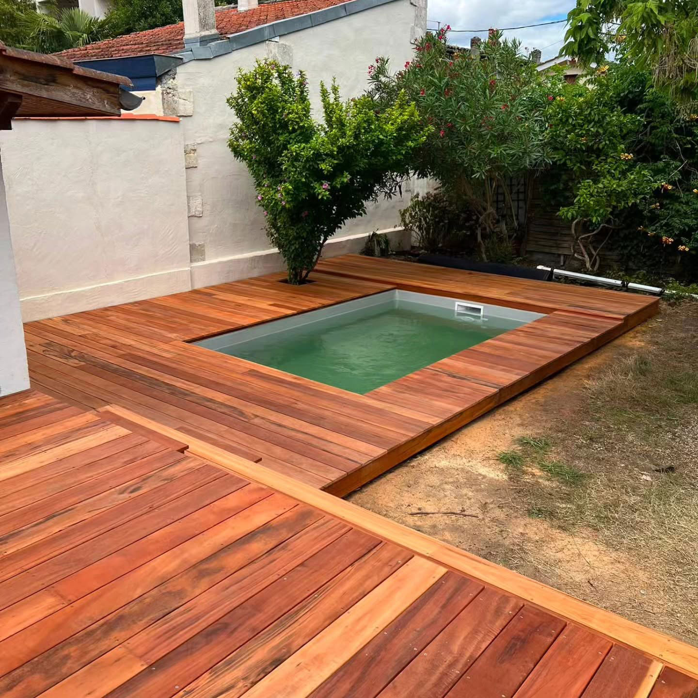 Terrasse bois Tigerwood autour d’une piscine, plateau en lames et olivier intégré, phase 1, Bordeaux Métropole