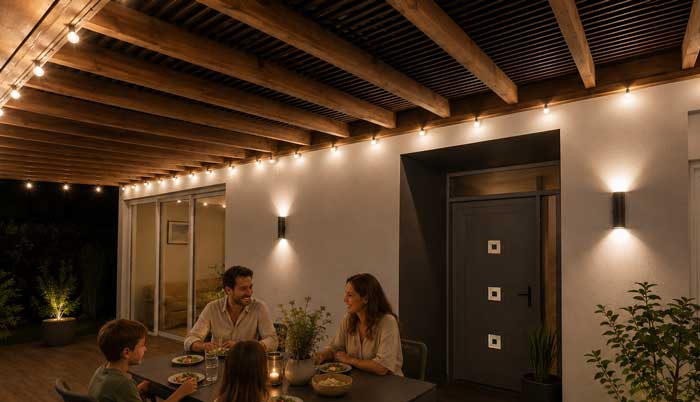 Famille dînant sur une terrasse moderne en bois sous pergola éclairée