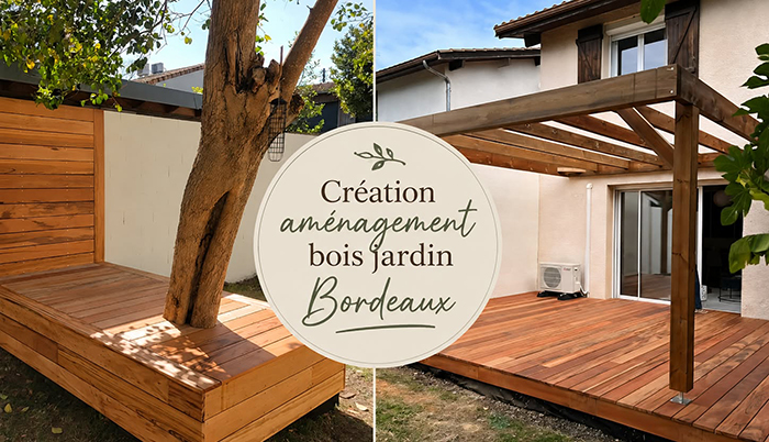 Aménagement extérieur en bois à Bordeaux avec terrasse Tigerwood, pergola sur mesure et espace détente autour d'un arbre